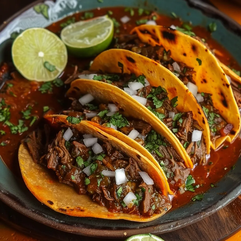 Authentic birria tacos filled with tender, slow-cooked beef and melted cheese.