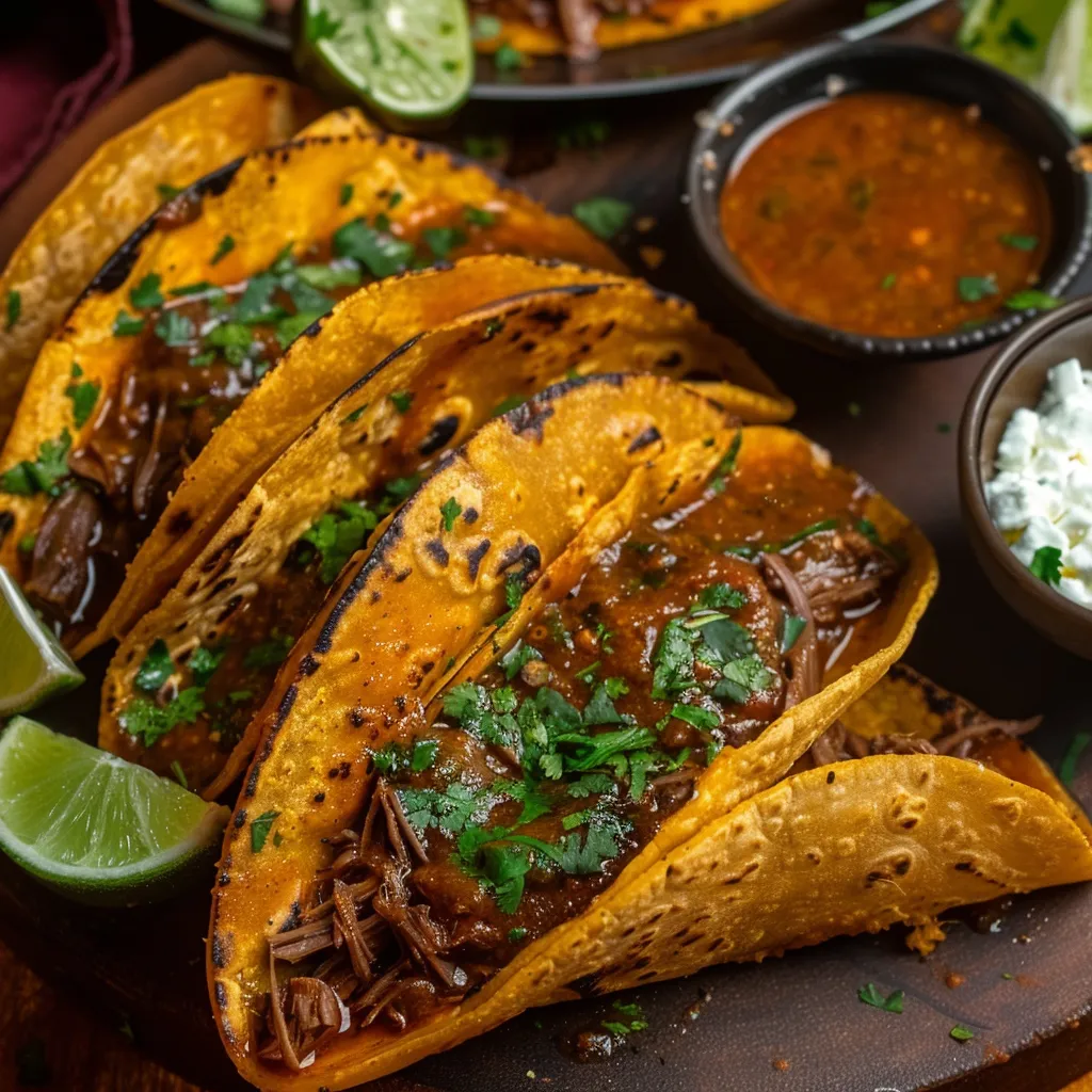 Flavorful beef birria tacos with a deep, smoky broth for dipping.