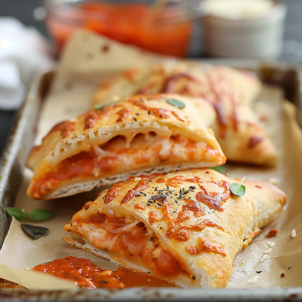 Easy cheesy pizza pockets with a golden crust and melty mozzarella inside.