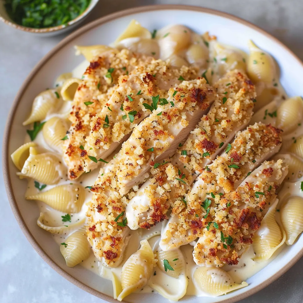 Flavorful garlic-crusted chicken paired with rich Alfredo pasta shells.