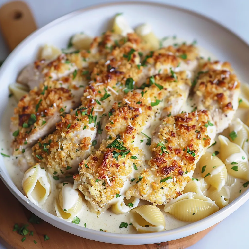 Golden parmesan chicken with tender pasta shells in a creamy garlic Alfredo sauce.