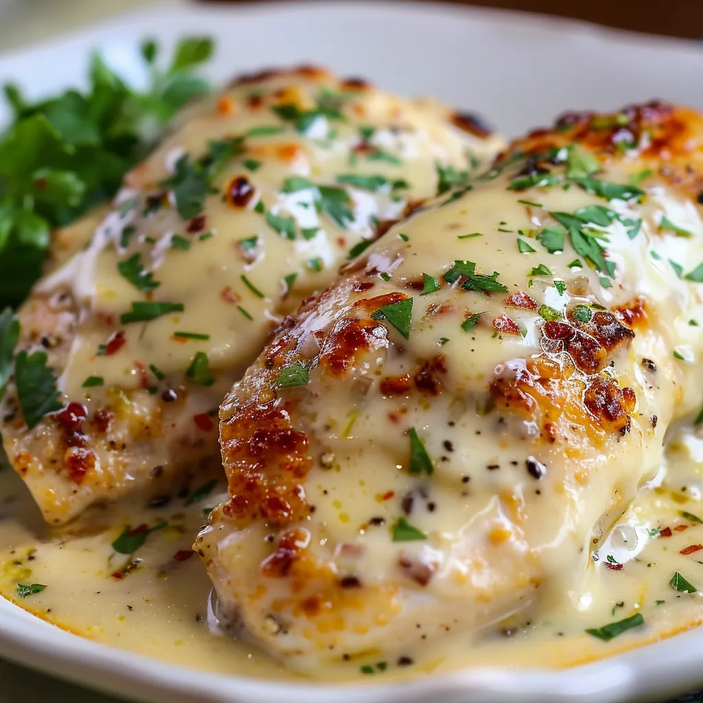 Juicy baked Caesar chicken coated in creamy dressing and parmesan cheese.