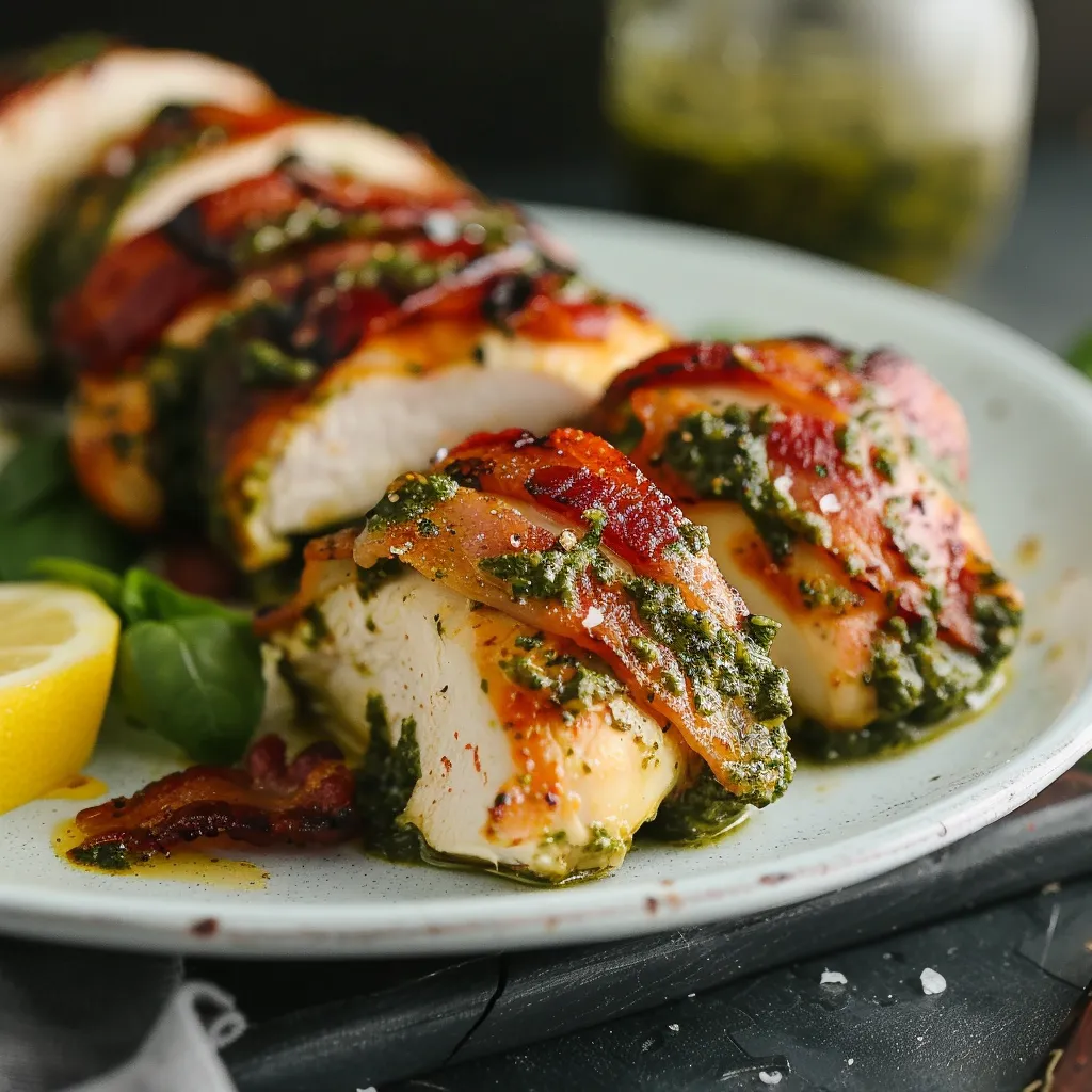 Bacon-wrapped pesto chicken with a golden crust and rich, herby flavor.