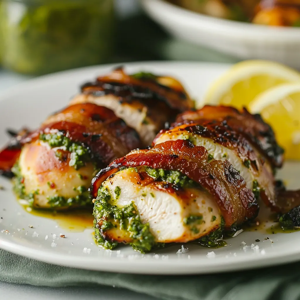 Tender chicken wrapped in crispy bacon and filled with fresh pesto goodness.)