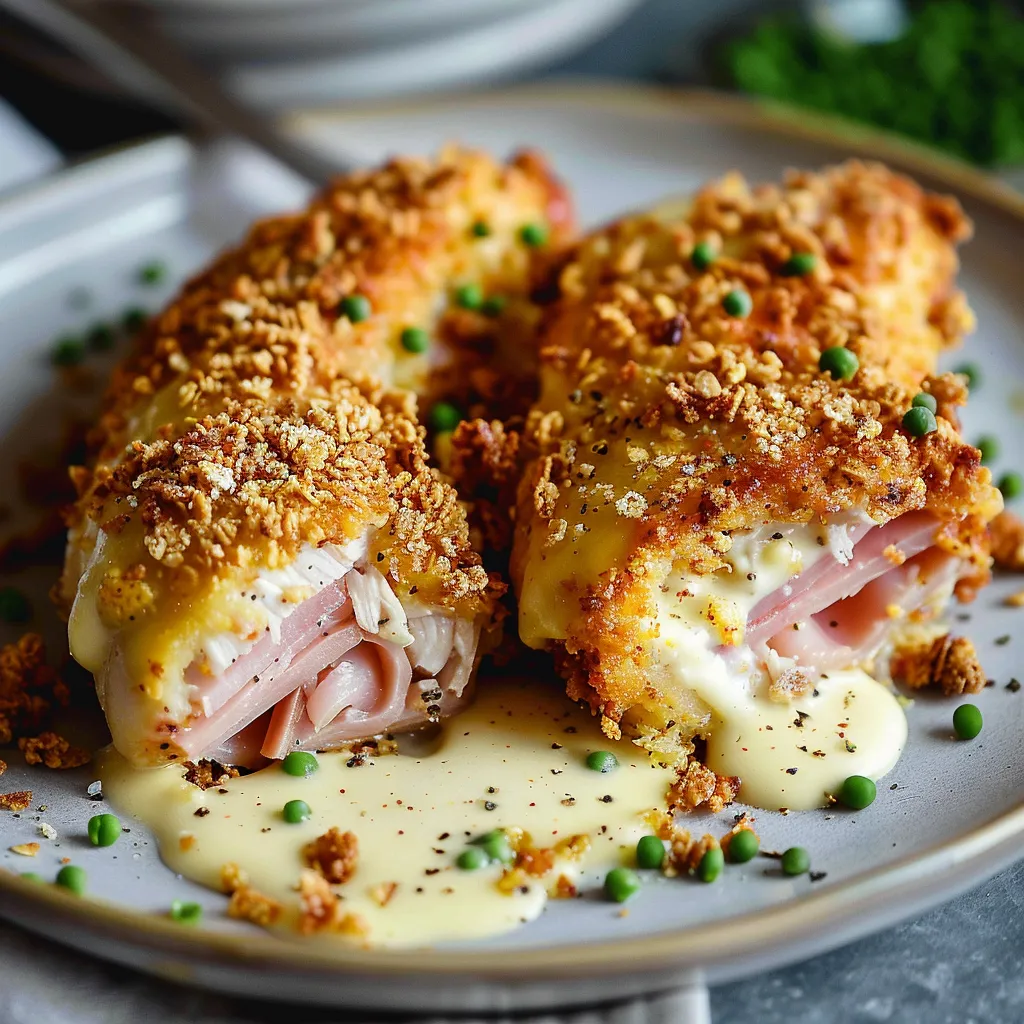 Golden-breaded chicken cordon bleu with a rich, cheesy center.