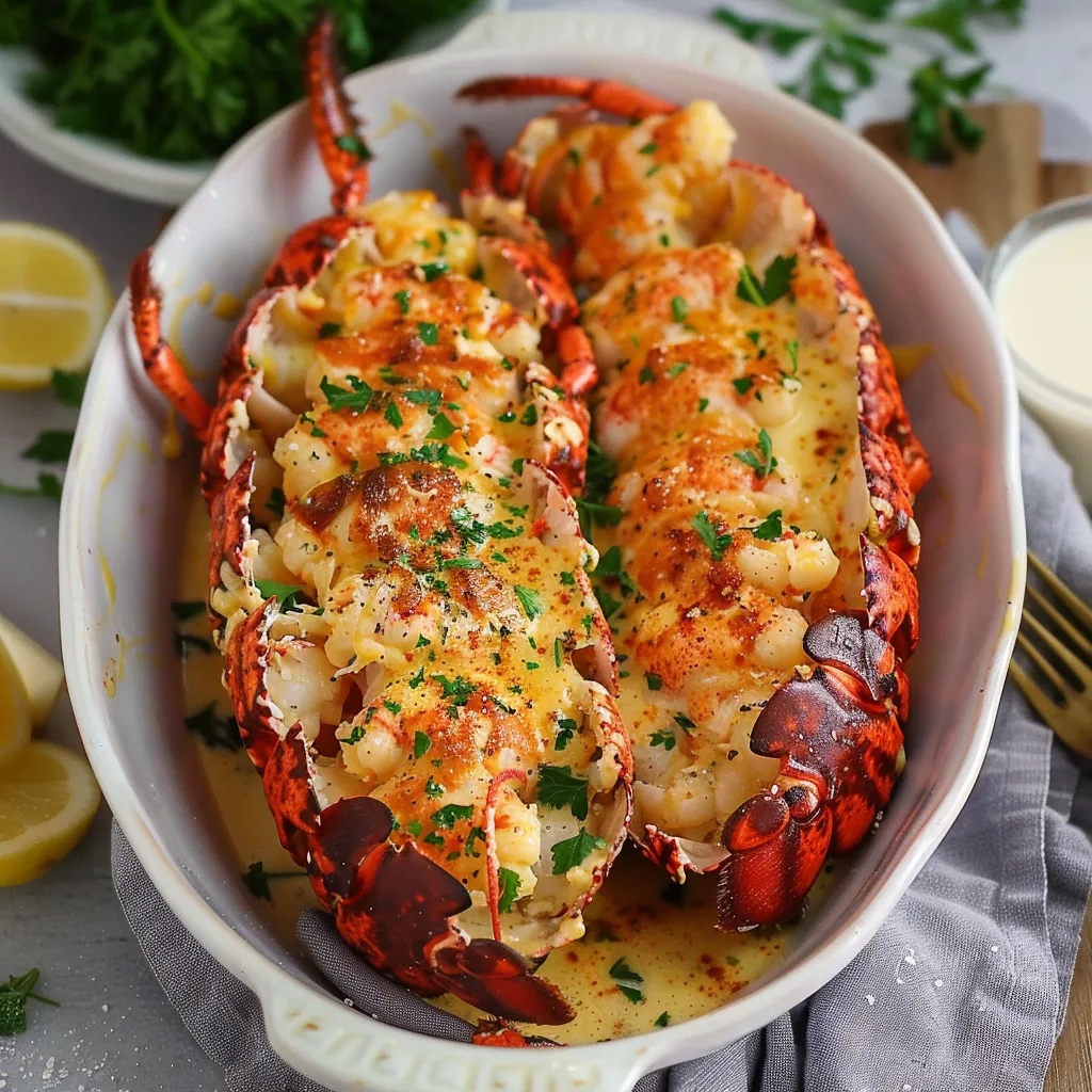 Rich and creamy lobster Thermidor with a golden, cheesy crust.