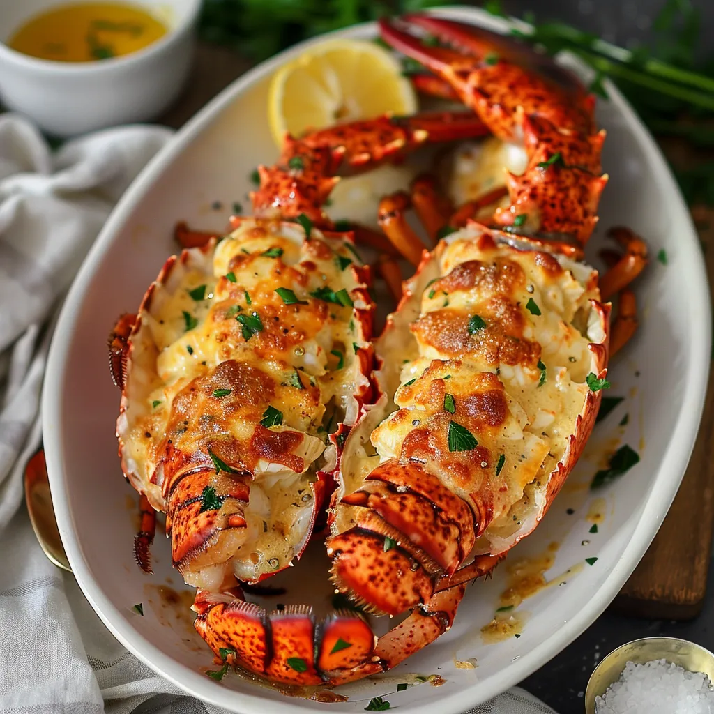 Classic lobster Thermidor baked in a decadent, creamy wine sauce.