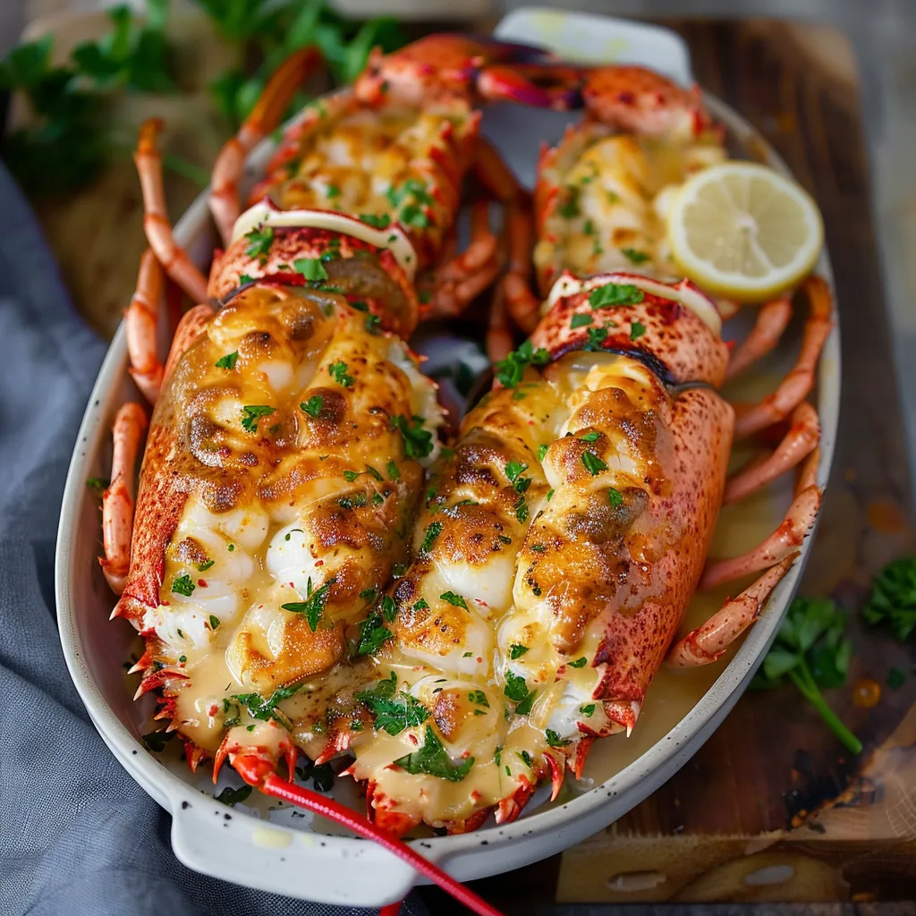 Elegant lobster Thermidor with tender lobster meat in a creamy, savory filling.