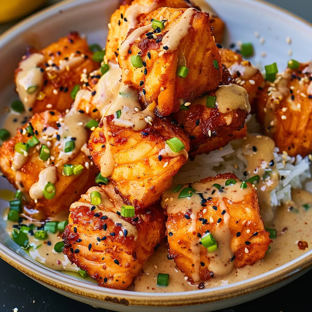 Crispy bang bang salmon bites tossed in a creamy, spicy sauce.