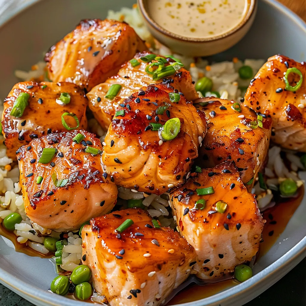 Flavor-packed salmon bites coated in a zesty, sweet, and spicy bang bang sauce.