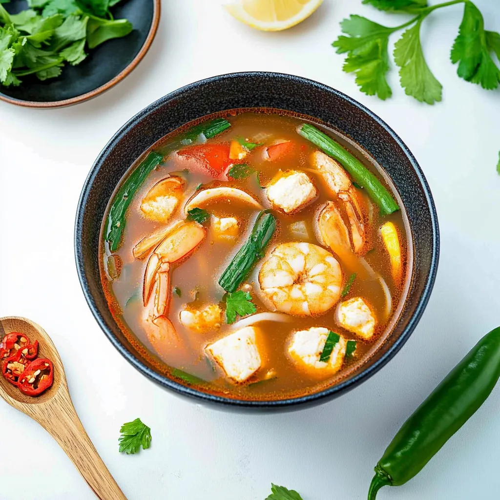 Classic Thai Tom Yum soup with a bold, aromatic broth and fresh herbs.