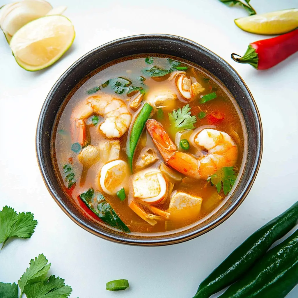 Flavorful Tom Yum soup with a zesty lime-infused broth and a spicy kick.