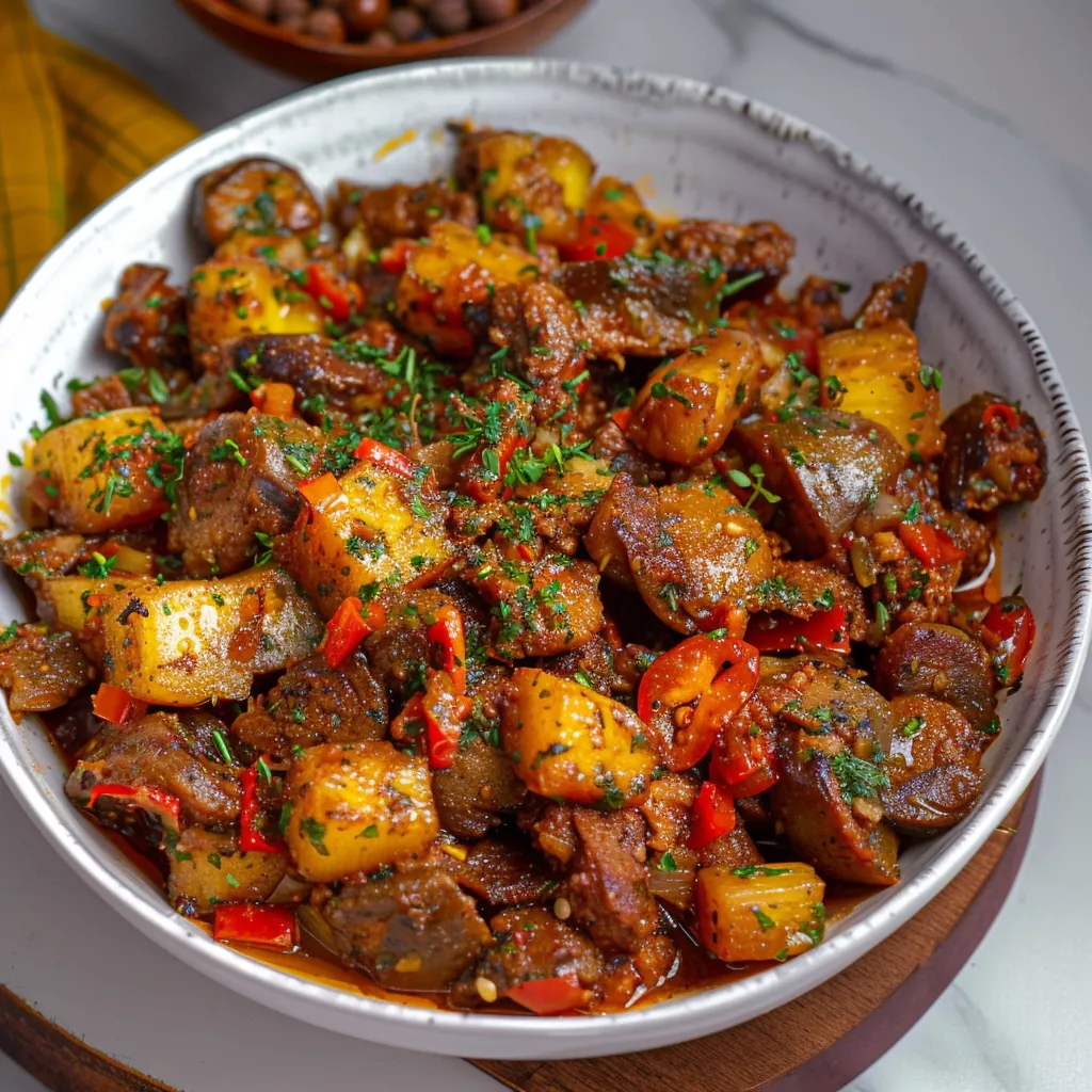 Nigerian Gizdodo with perfectly fried plantains and peppered gizzards in a savory sauce.