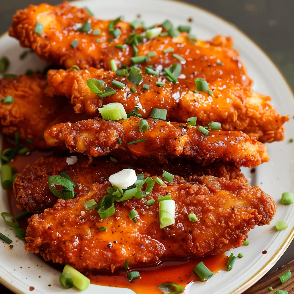 Crispy Buffalo chicken tenders coated in a spicy, tangy sauce.