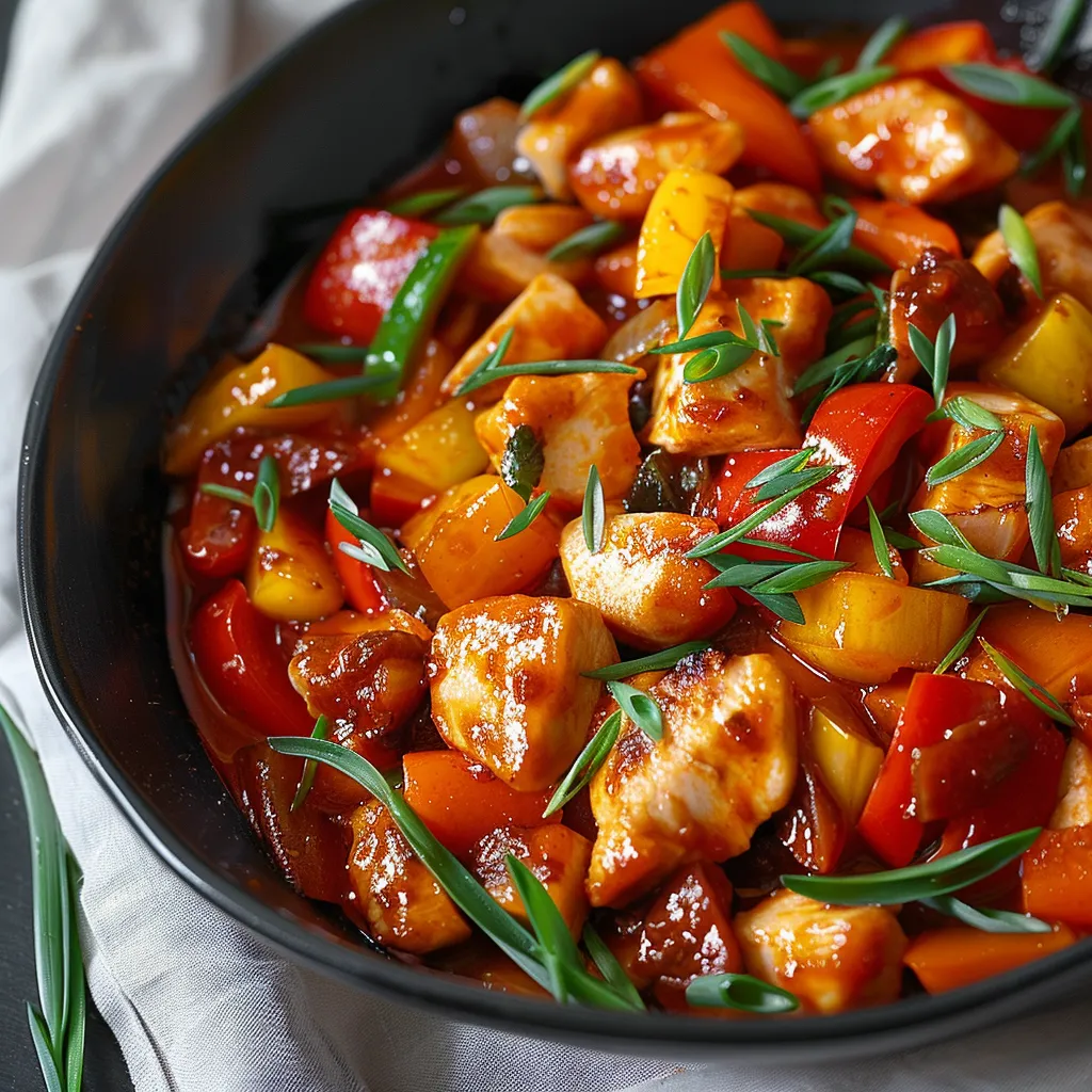 Quick and flavorful spicy chicken with sautéed peppers in a zesty sauce.