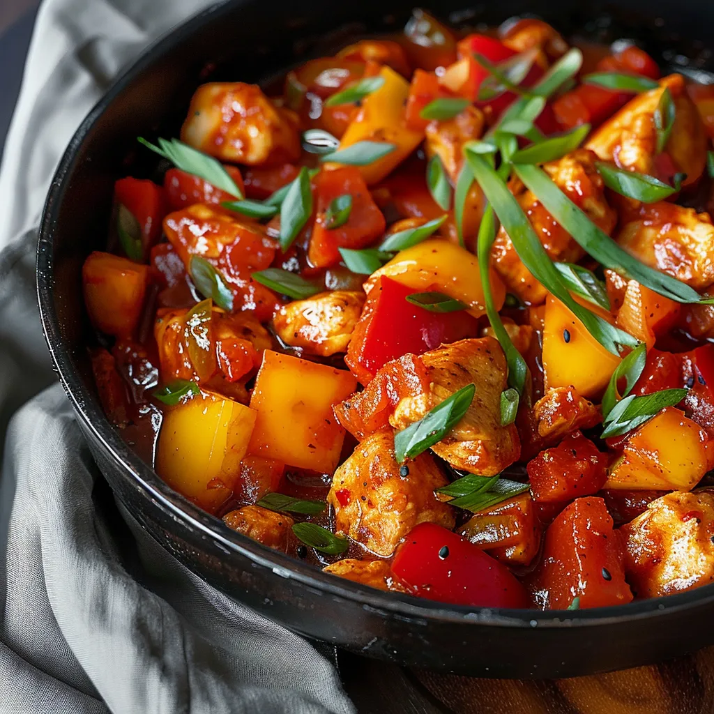 Juicy chicken and colorful peppers tossed in a spicy, savory sauce.