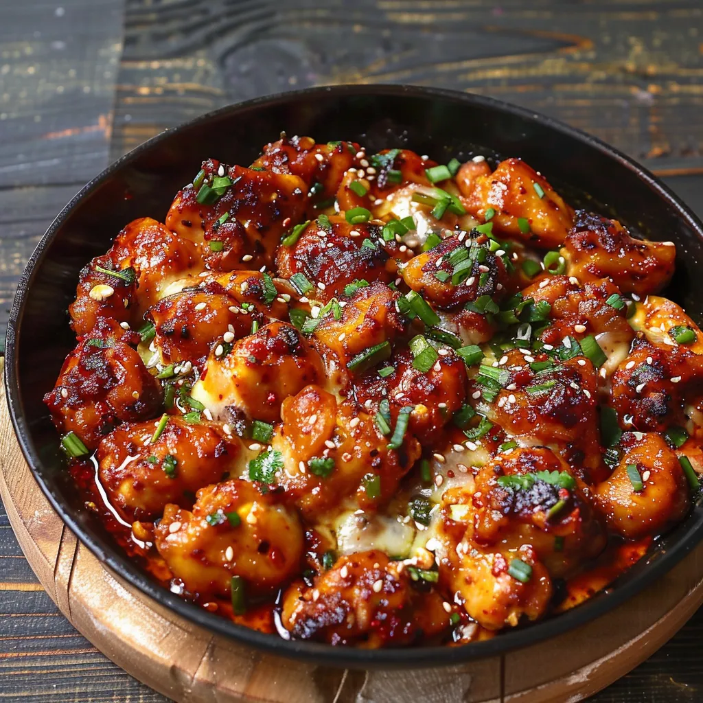 Fiery Korean buldak with tender chicken smothered in a bold, spicy glaze.