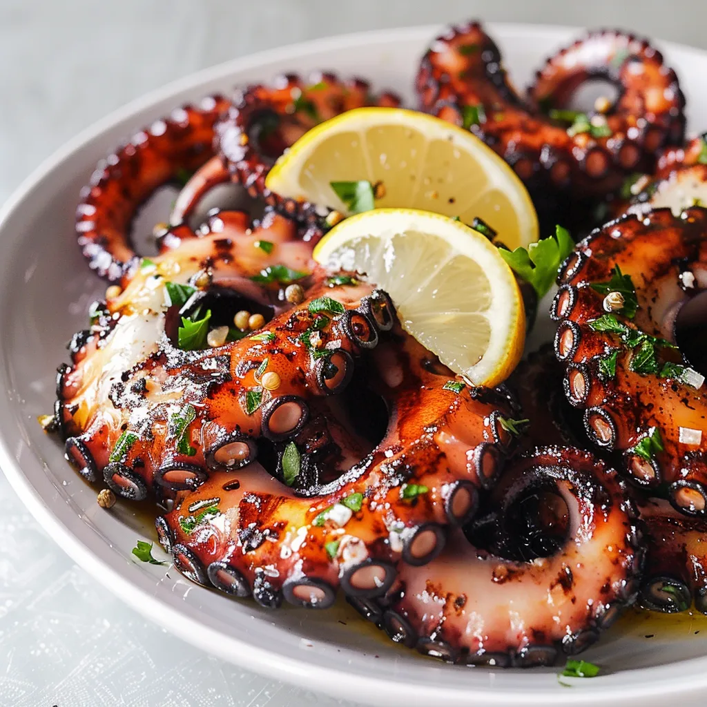 Tender and smoky grilled octopus with a crispy char and flavorful seasoning.