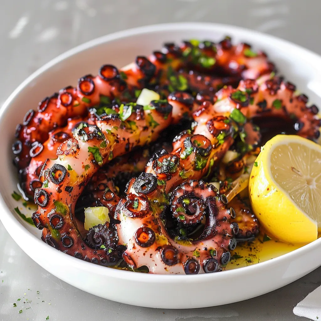 Deliciously grilled octopus with a tender texture and bold Mediterranean flavors.