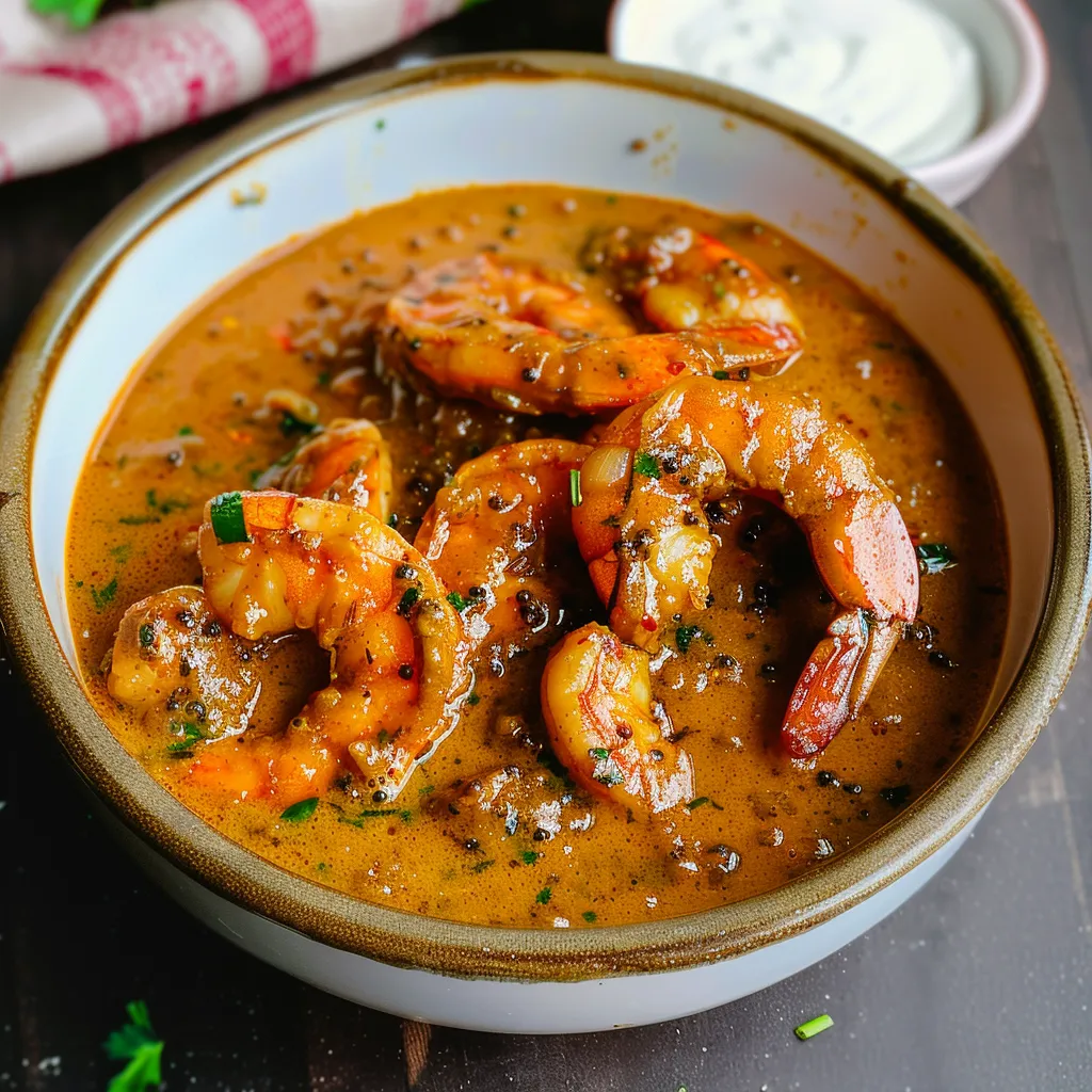 Traditional Bengali prawn curry in coconut milk with bold, aromatic spices.