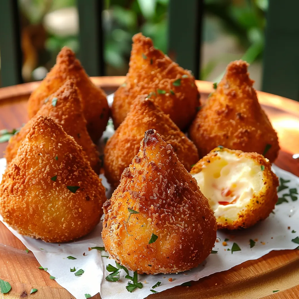 Golden-fried coxinhas with a crunchy crust and savory chicken filling.