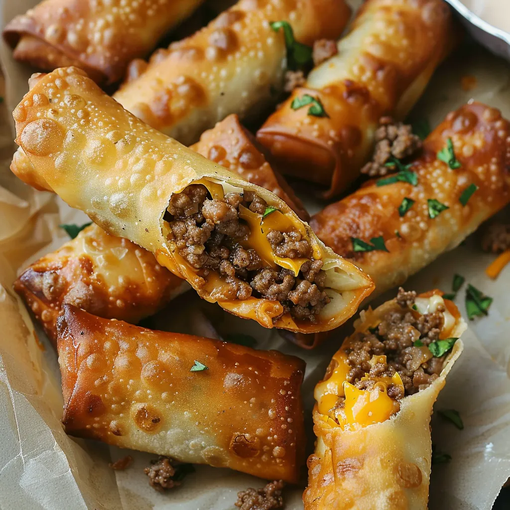 Crispy cheeseburger eggrolls filled with juicy beef, melted cheese, and tangy pickles.