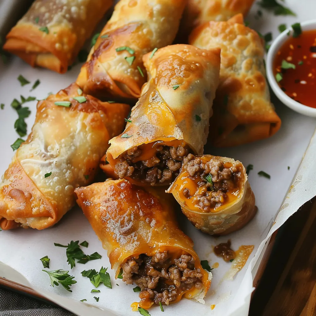 Golden-fried cheeseburger eggrolls with a savory beef and gooey cheese filling.