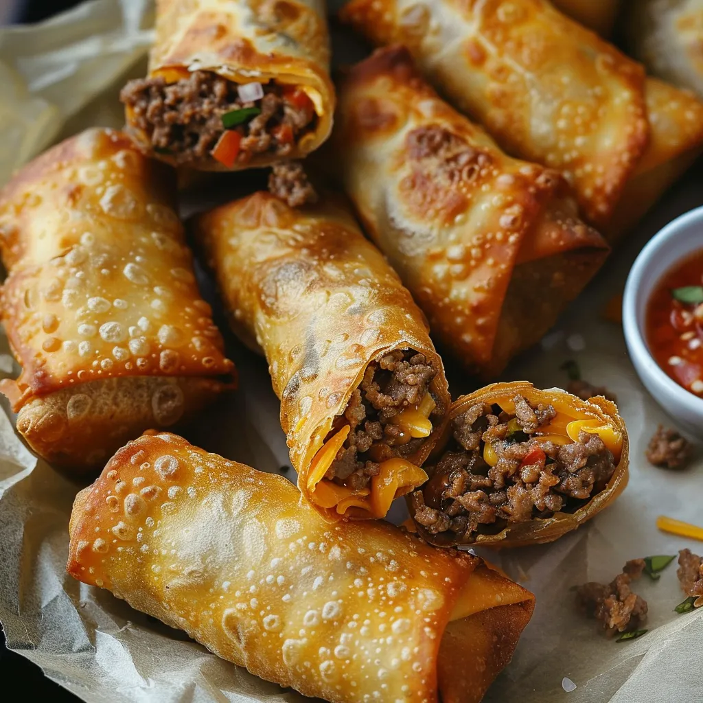 Flavor-packed cheeseburger eggrolls with a crunchy shell and classic burger taste.