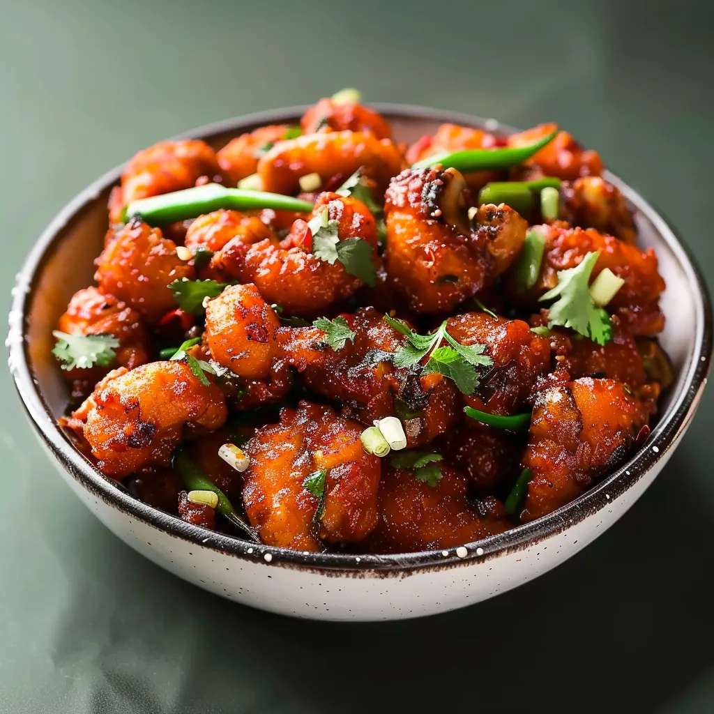 Dry chilli mushroom with a crunchy texture and bold, tangy-spicy flavors.