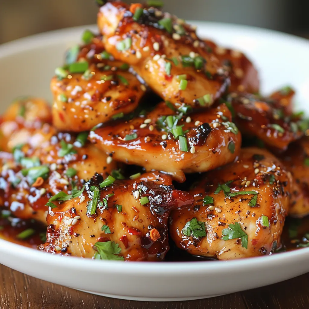 Juicy chicken with a sticky, tangy Asian glaze and sesame garnish.