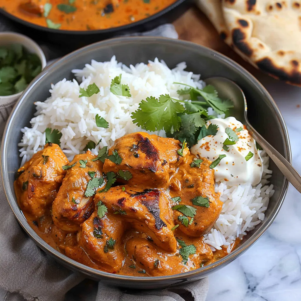 Creamy and spiced chicken tikka masala in a rich, flavorful tomato-based sauce.