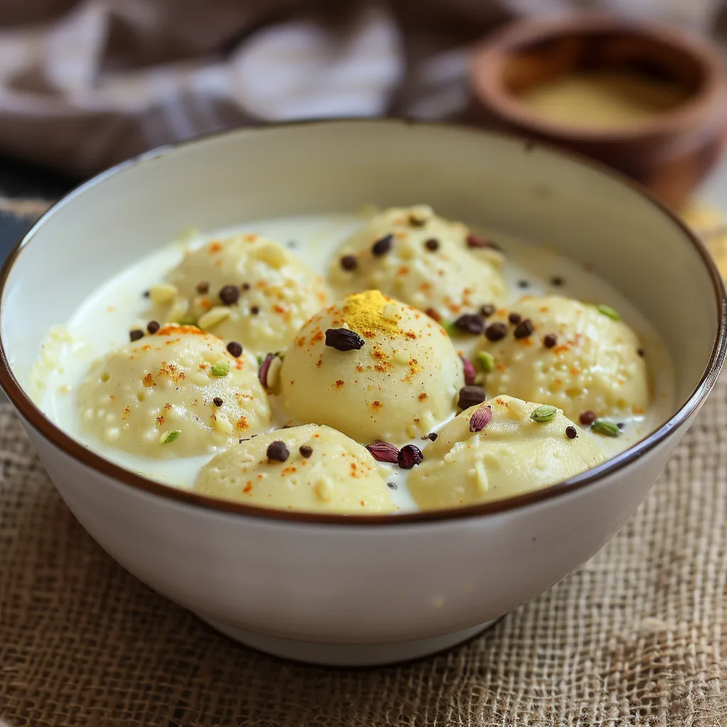 Classic rasmalai with delicate paneer dumplings in a creamy, cardamom-flavored syrup.