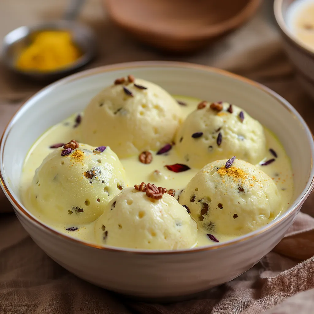 Authentic Indian rasmalai with soft cheese patties and fragrant, sweetened milk.