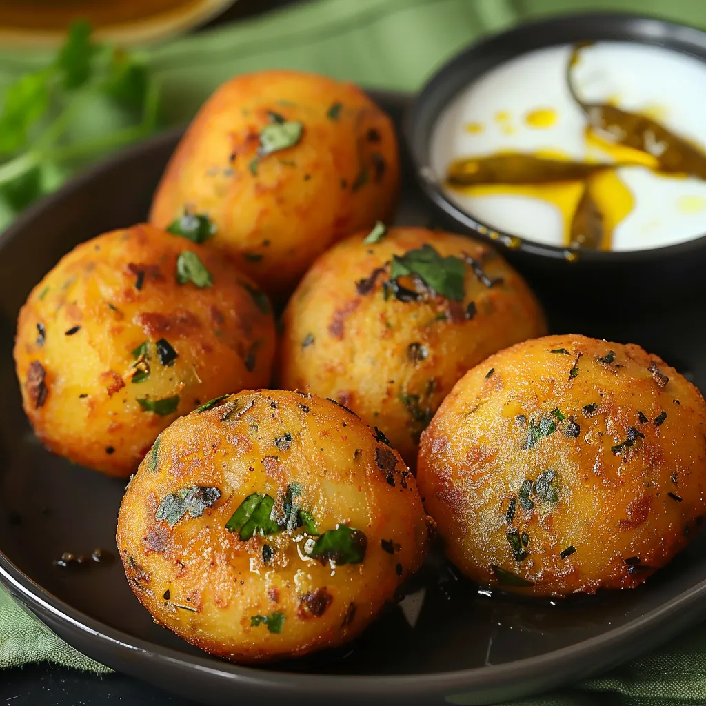 Crispy and spiced batata vada with a golden chickpea flour coating and soft potato filling.