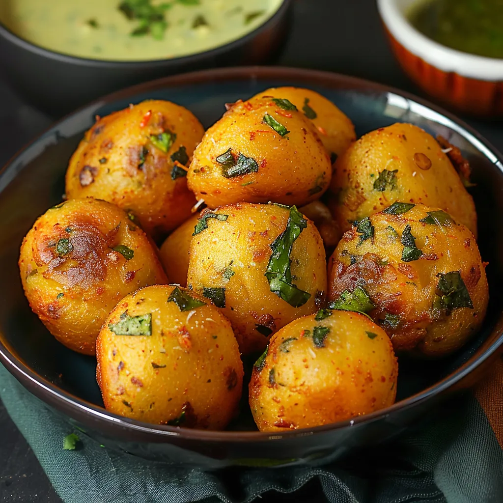 Classic Indian batata vada with mashed potato filling and a crunchy, deep-fried crust.