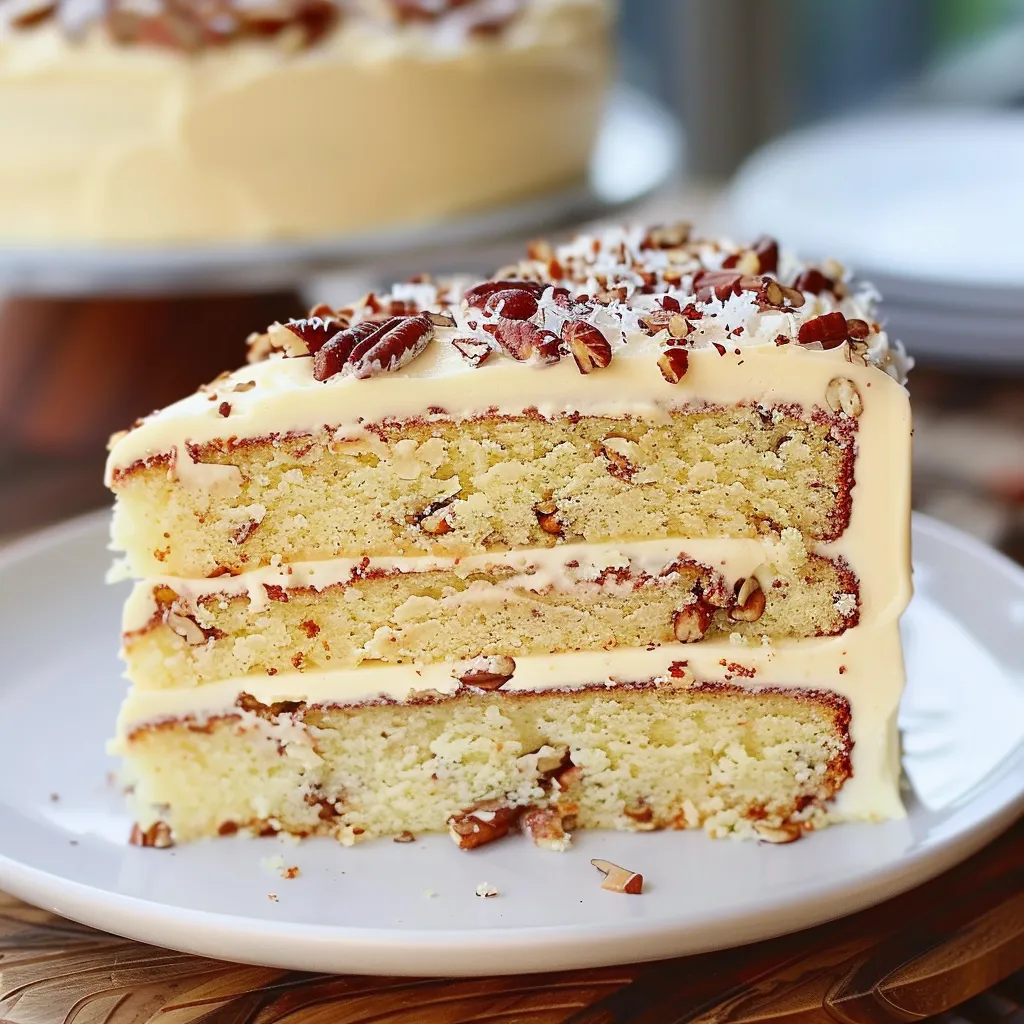 Rich and moist Italian cream cake with coconut, pecans, and creamy frosting.