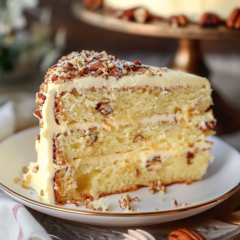 Decadent Italian cream cake with a nutty crunch and smooth, velvety frosting.