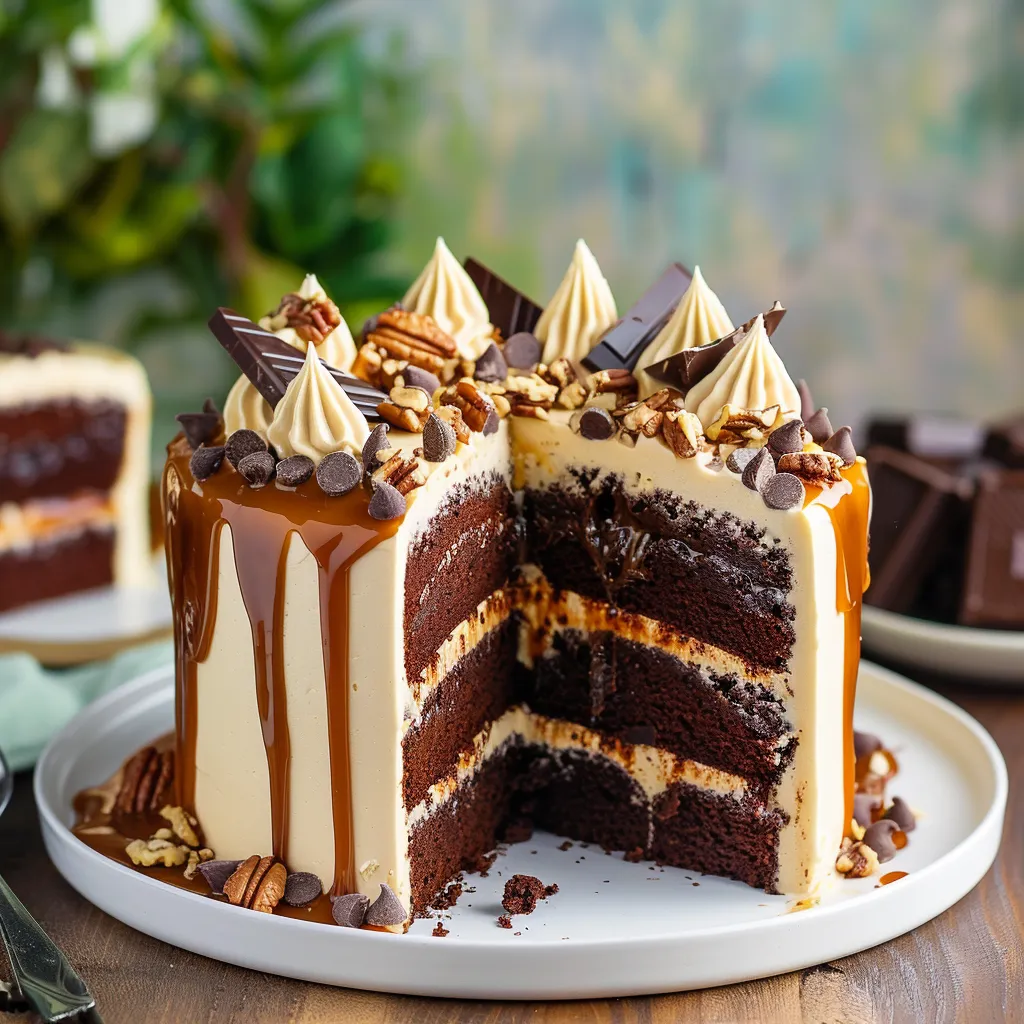 Rich turtle chocolate layer cake with caramel, pecans, and silky chocolate frosting.