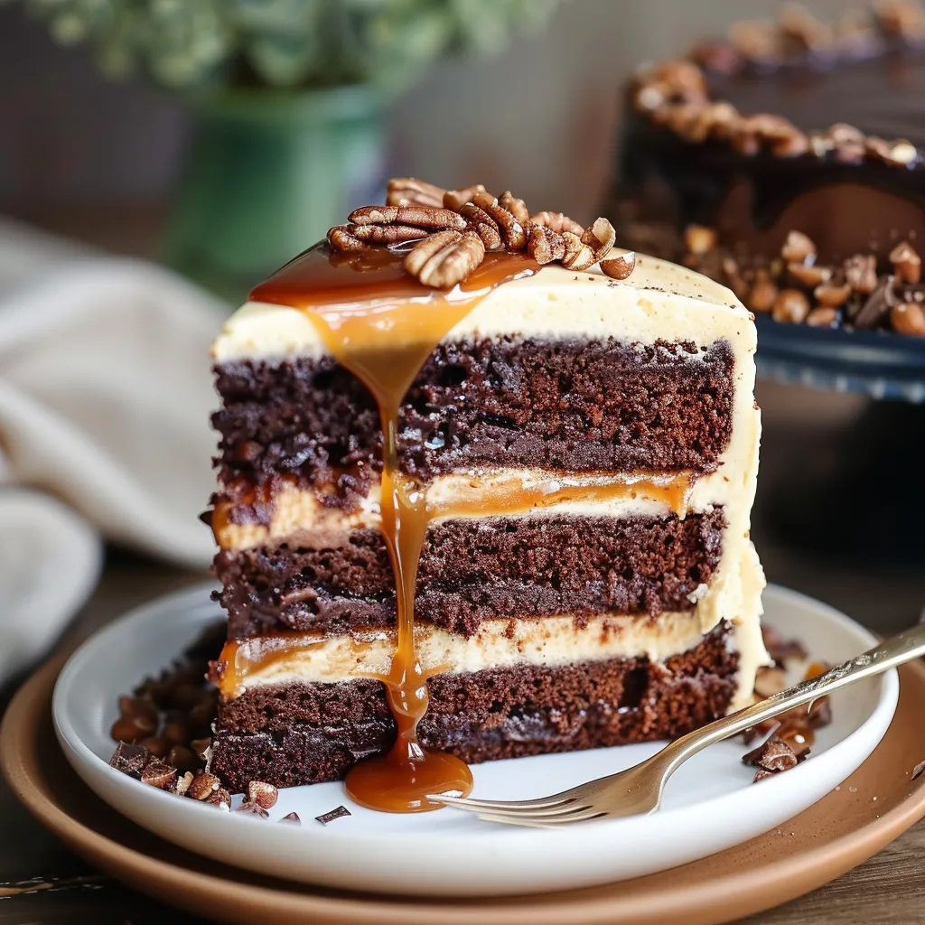 Decadent chocolate layer cake drizzled with gooey caramel and crunchy pecans.