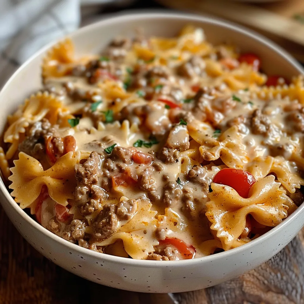 Cheesy Velveeta beef pasta with savory ground beef and a creamy, comforting texture.