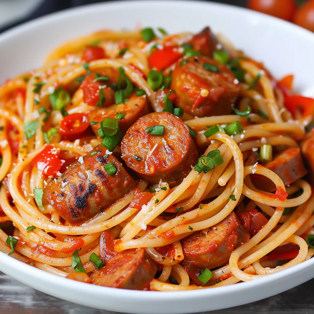 Flavorful Haitian spaghetti with seasoned sausage, peppers, and a spicy tomato sauce.