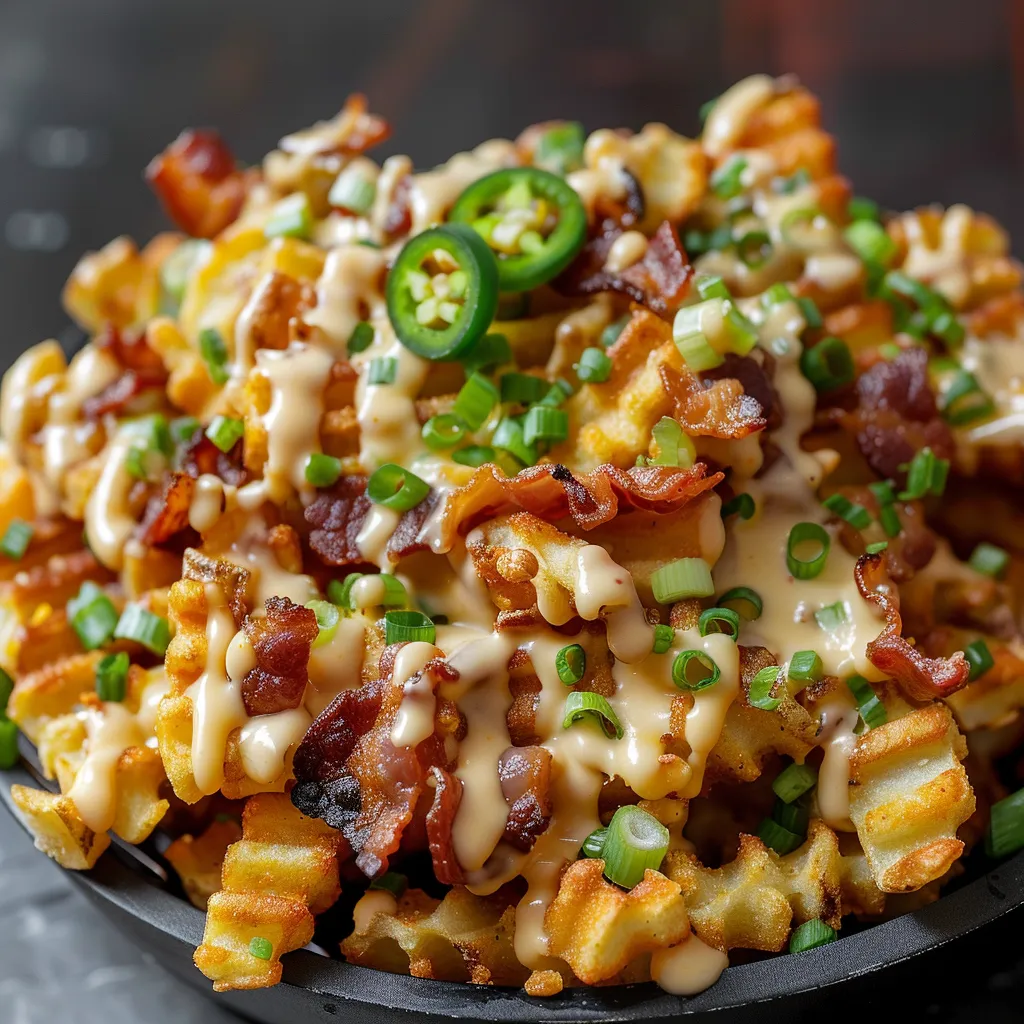 Golden fries smothered in gooey cheese and crunchy bacon bits.