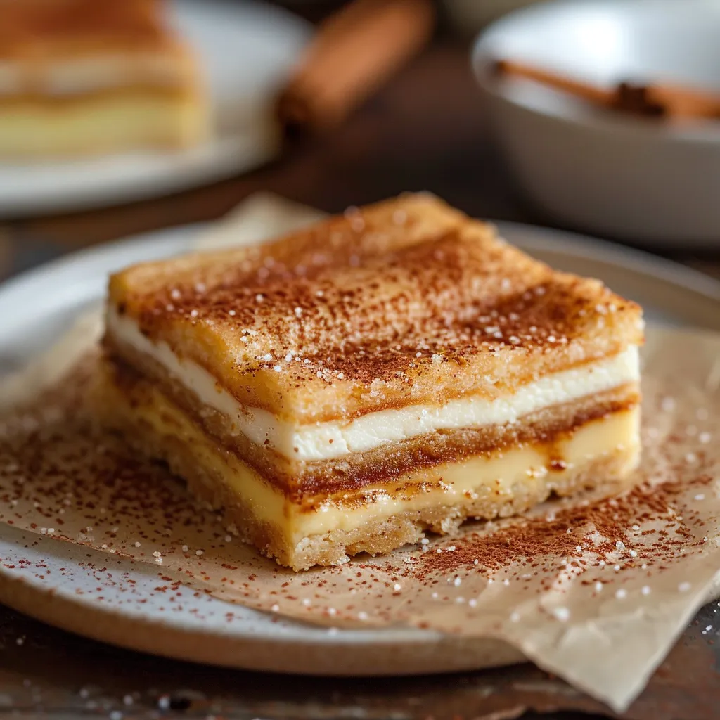 Crispy churro cheesecake bars with a creamy cinnamon-sugar filling.