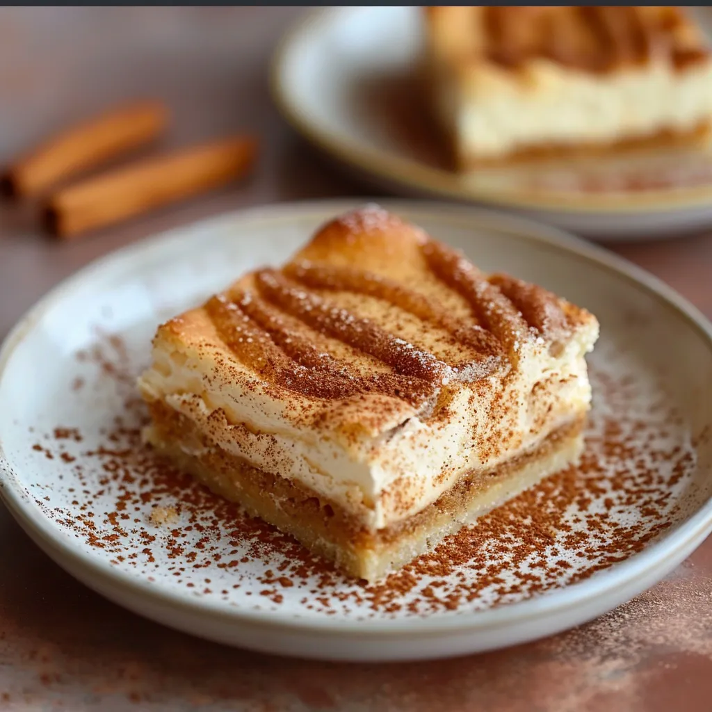 Sweet churro cheesecake bars with layers of flaky crust and rich cheesecake.