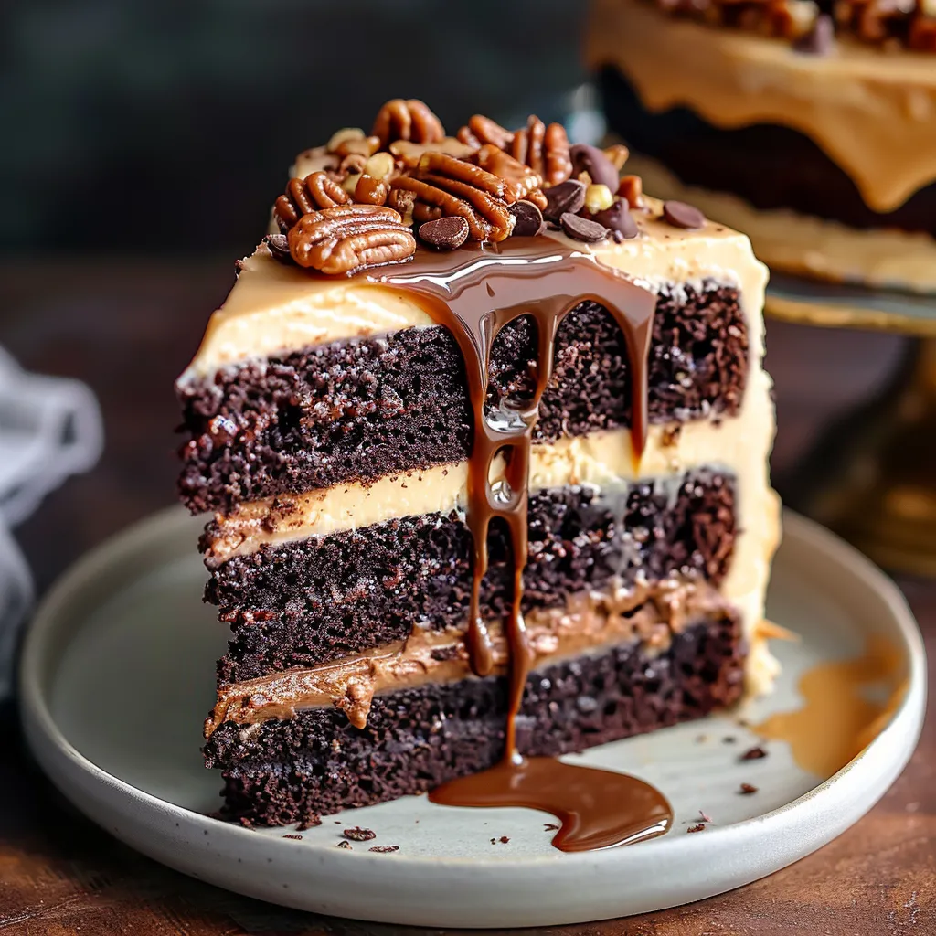 Moist turtle chocolate cake with layers of fudge, caramel, and toasted pecans