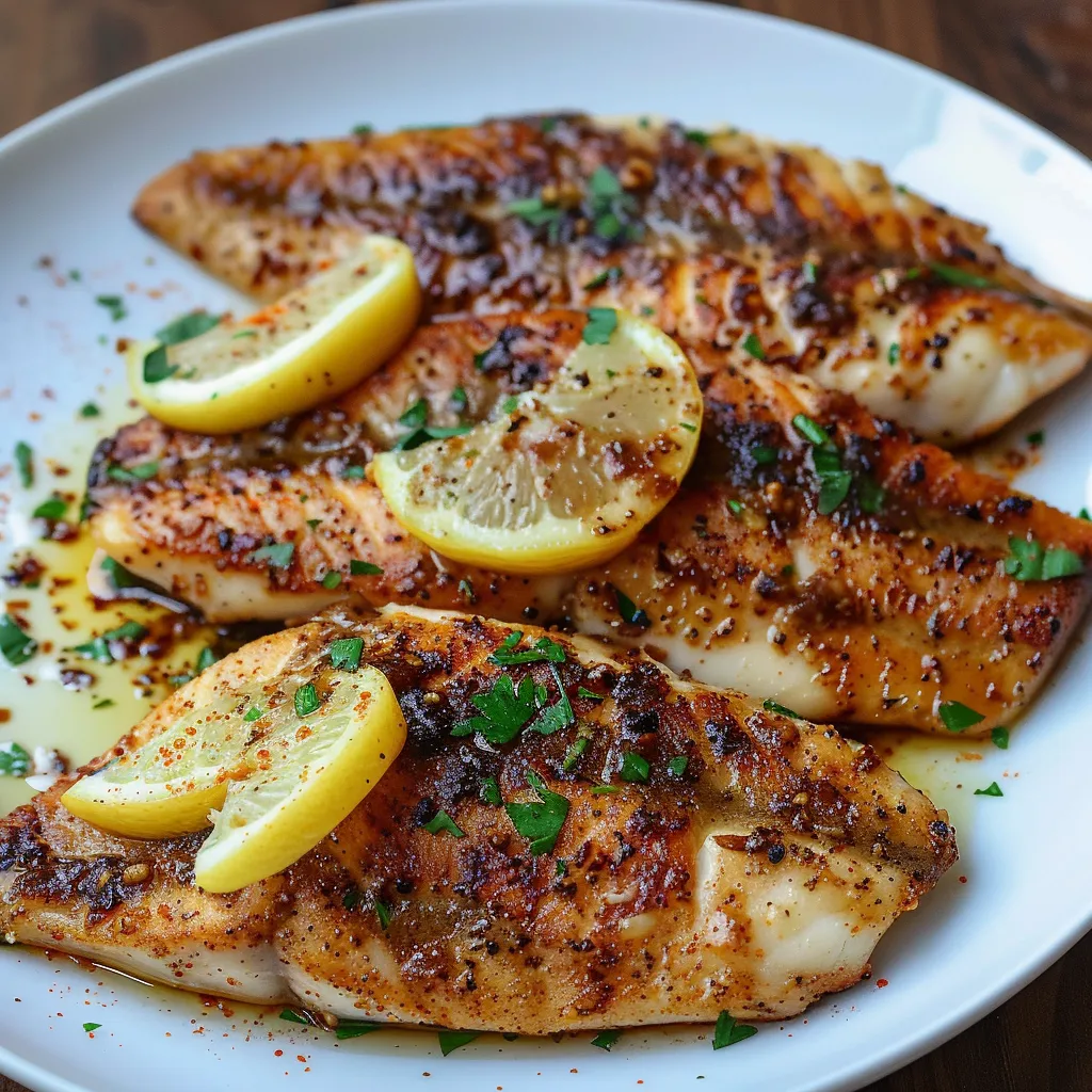 Flaky tilapia fillets cooked in a rich, buttery lemon sauce.