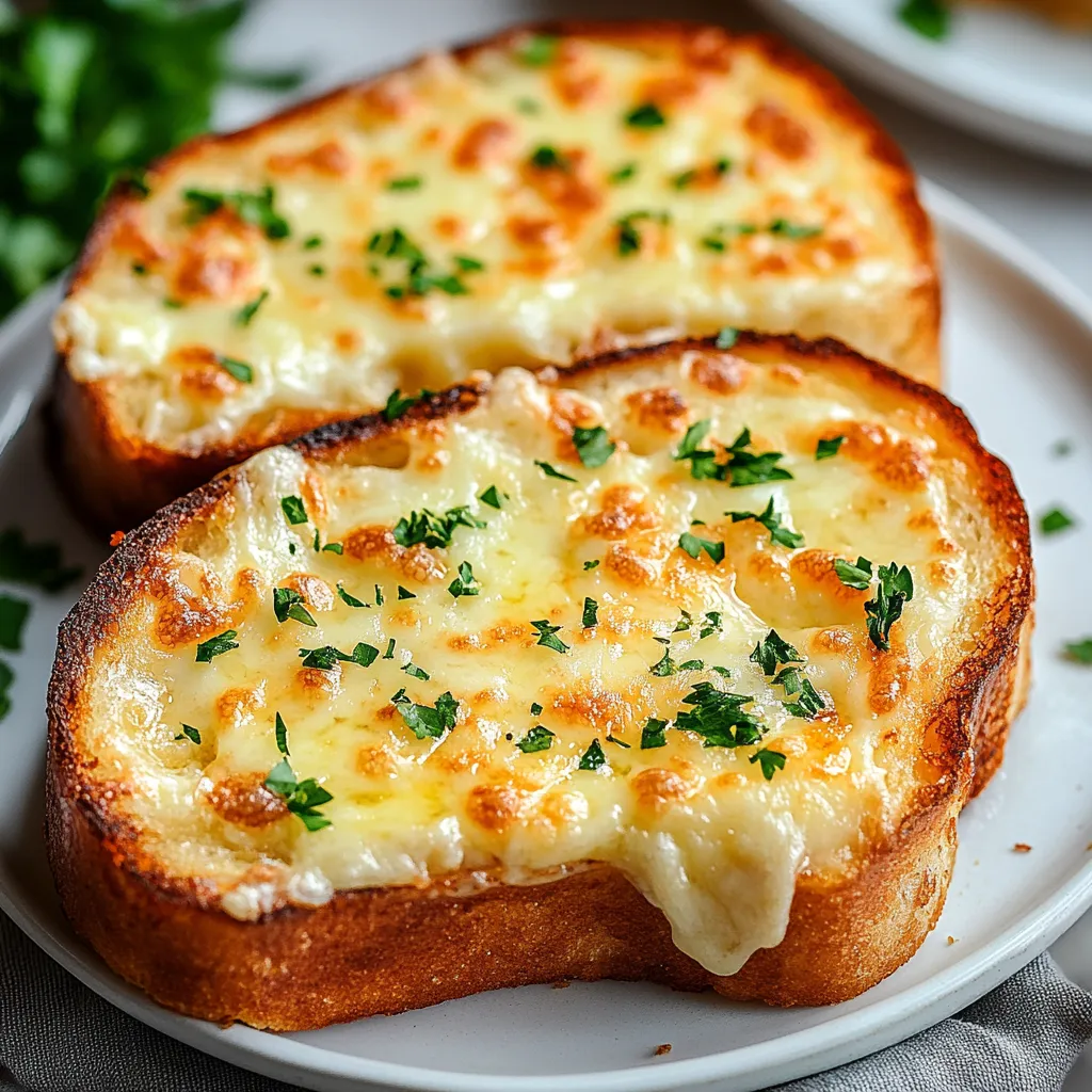 Two slices of cheese toast on a white plate.