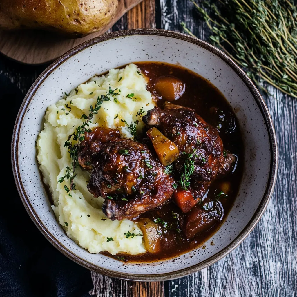 A bowl of food with potatoes and meat.