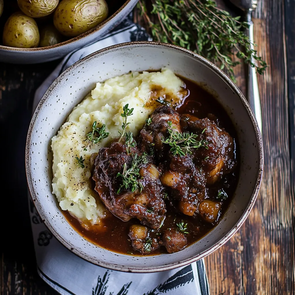 A bowl of mashed potatoes and meat.
