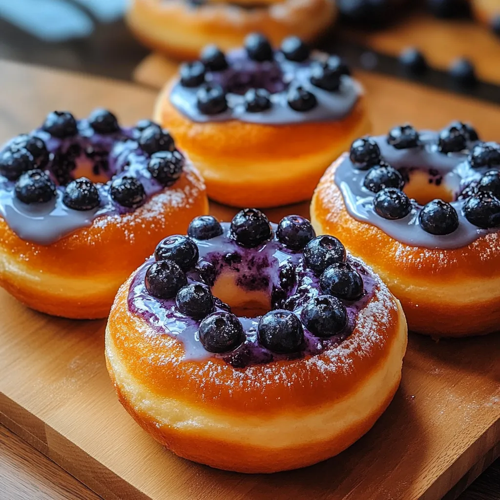 Three donuts with blueberries on top.